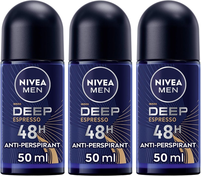 NIVEA MEN Antiperspirant Roll-on, 48h Protection, DEEP Black Carbon, Espresso Scent, 3x50ml - Image 1